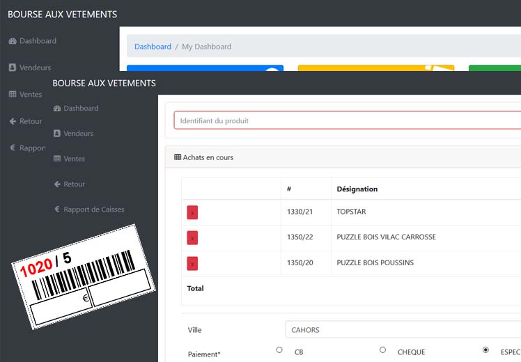 Vues des écrans de l'application Web de gestion de bourses aux vetements et bourses aux jeux