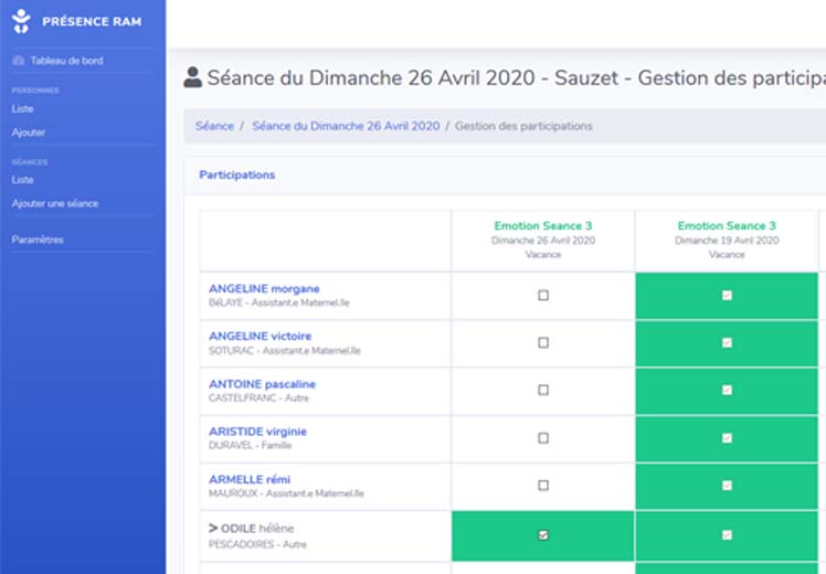 Vues des écrans de l'application Web de suivi des Participations du RAM